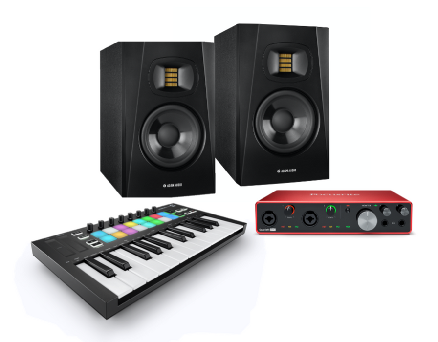 Paquete Scarlett 8i6 + ADAM Audio T5V + Novation Launchkey Mini MK3